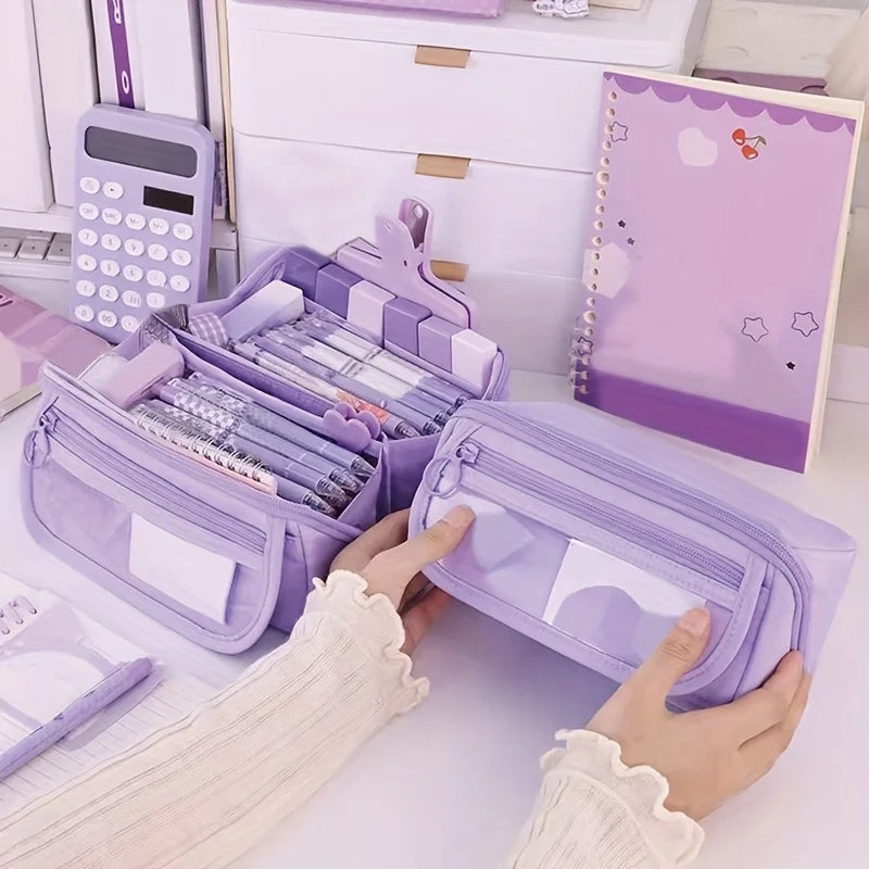 Trousse Grande Capacité Multi-compartiments — Organisateur Bureau et École (Rose/Violet/Noir)