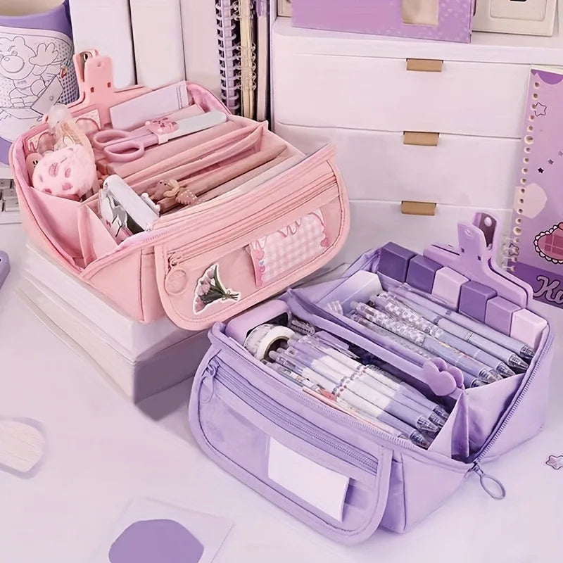 Trousse Grande Capacité Multi-compartiments — Organisateur Bureau et École (Rose/Violet/Noir)