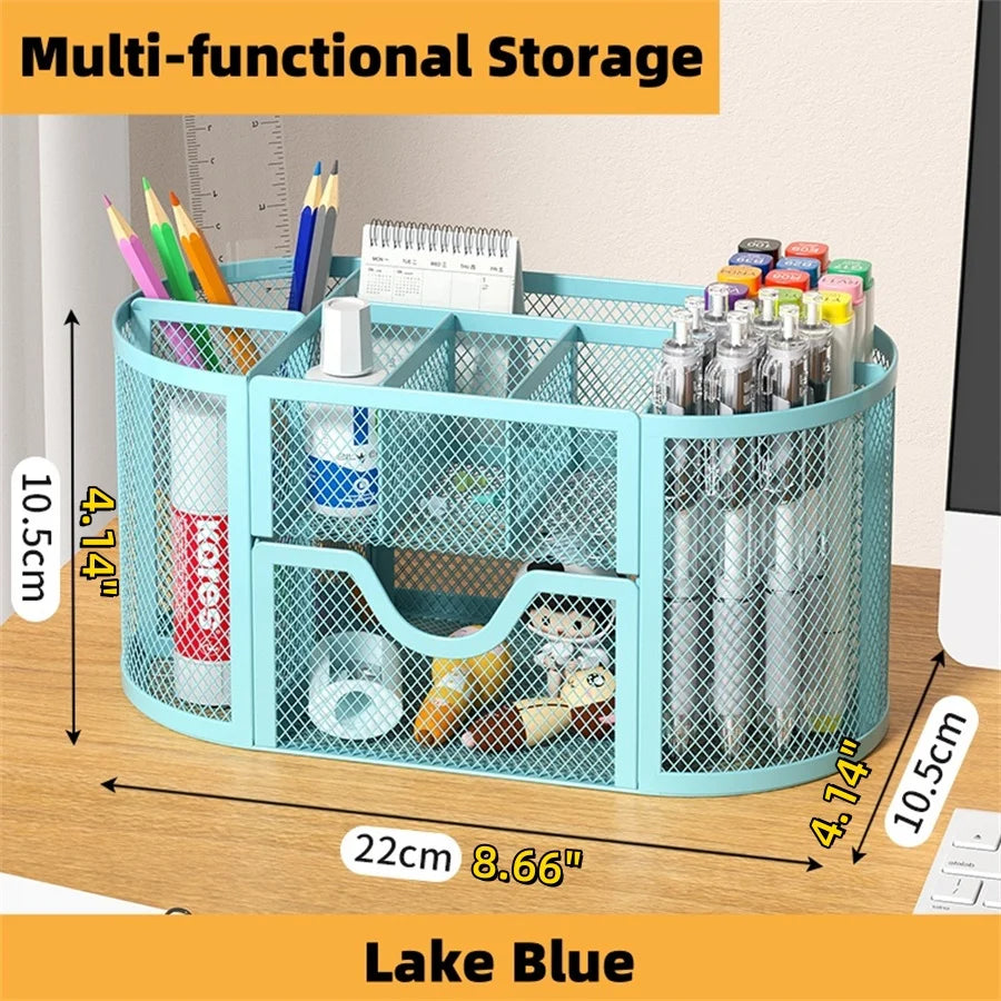 Organisateur de Bureau en Grille Métallique — 9 Compartiments avec Tiroirs et Porte-stylo