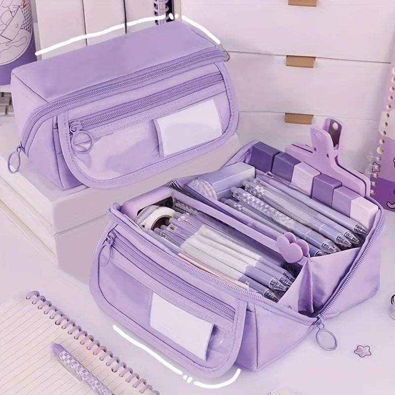 Trousse Grande Capacité Multi-compartiments — Organisateur Bureau et École (Rose/Violet/Noir)