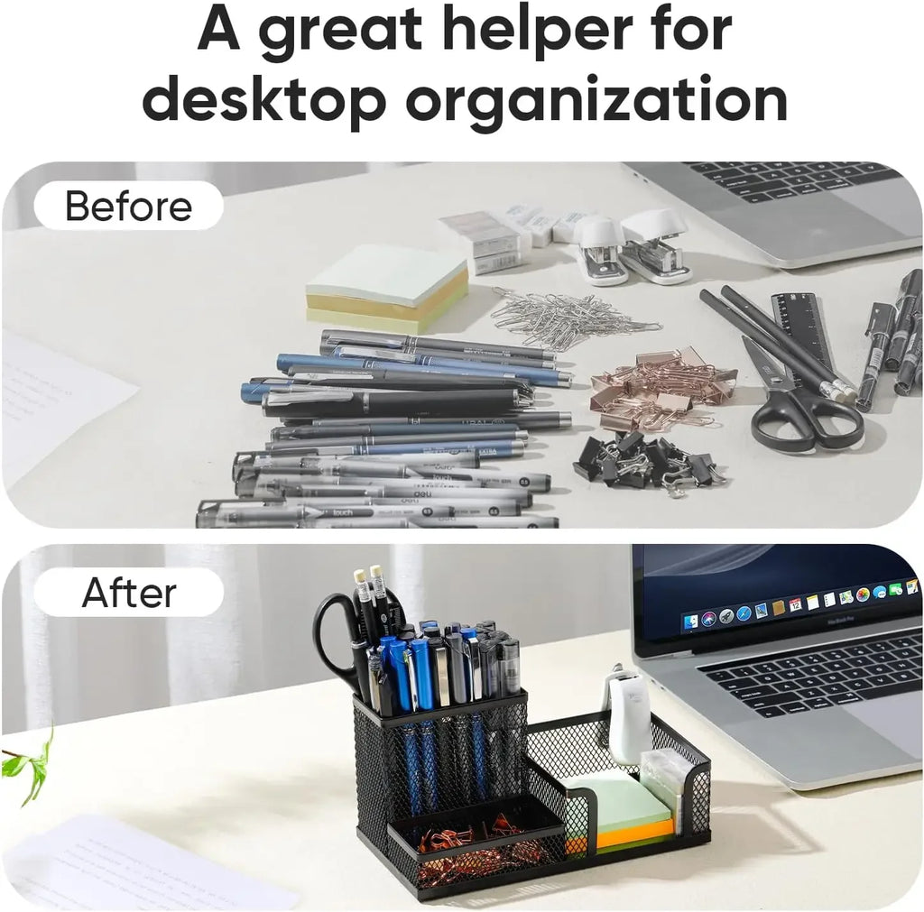 Organisateur de Bureau en Grille Métallique — 3 Compartiments avec Porte-stylo