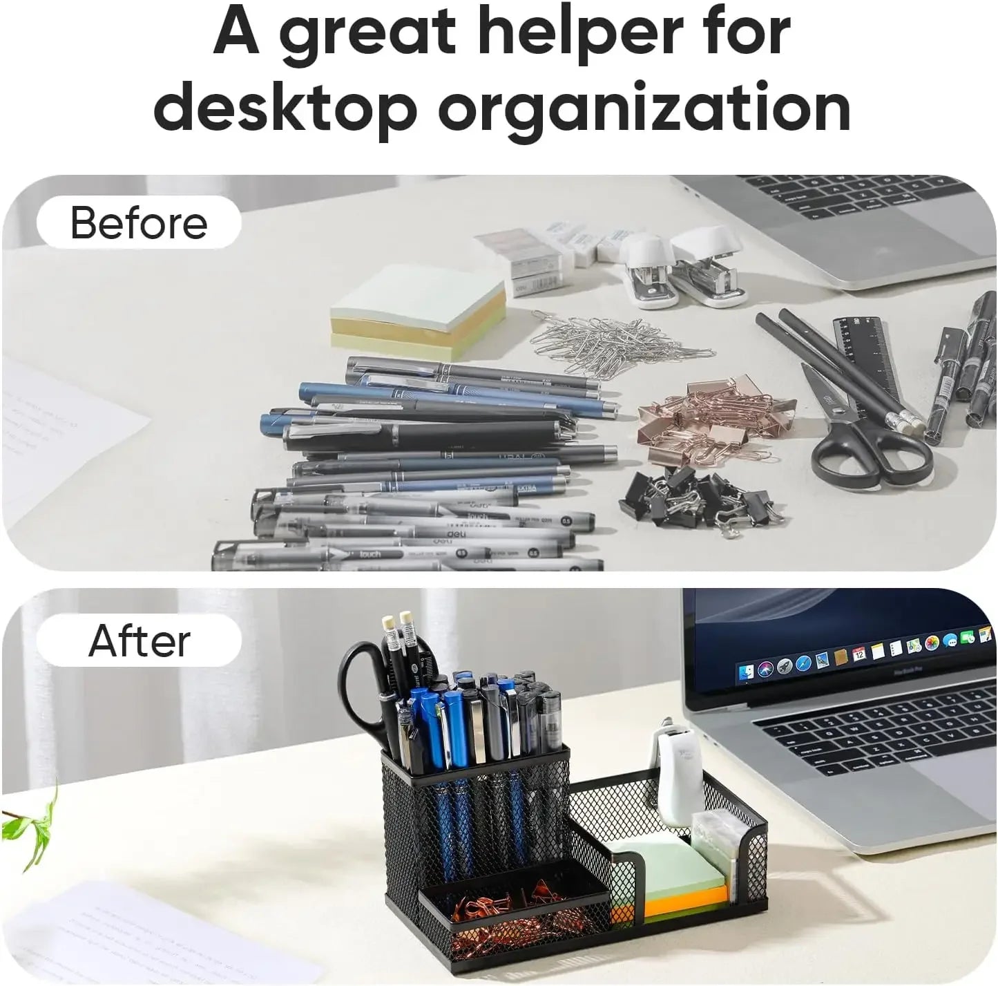 Organisateur de Bureau en Grille Métallique — 3 Compartiments avec Porte-stylo