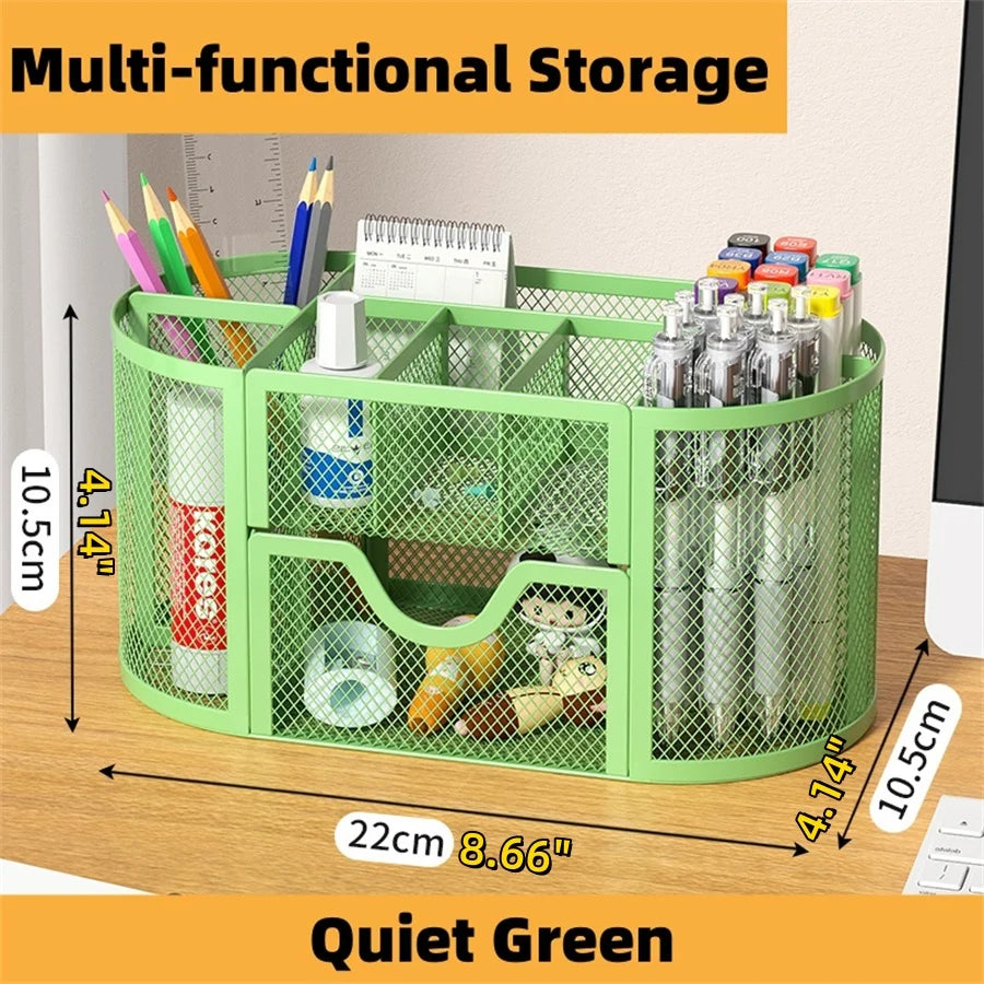 Organisateur de Bureau en Grille Métallique — 9 Compartiments avec Tiroirs et Porte-stylo