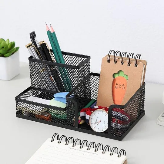 Organisateur de Bureau en Grille Métallique — 3 Compartiments avec Porte-stylo