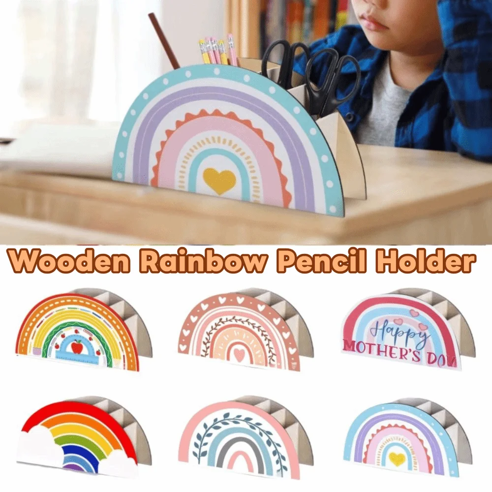 Porte-stylo Arc-en-ciel en Bois — 5 Fentes, Organisateur Pinceaux et Stylos Colorful