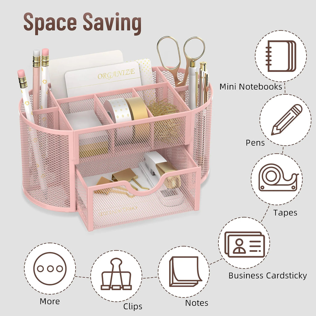 Organisateur de Bureau en Grille Métallique — 9 Compartiments avec Tiroirs et Porte-stylo