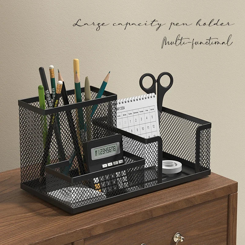 Organisateur de Bureau en Grille Métallique — 3 Compartiments avec Porte-stylo