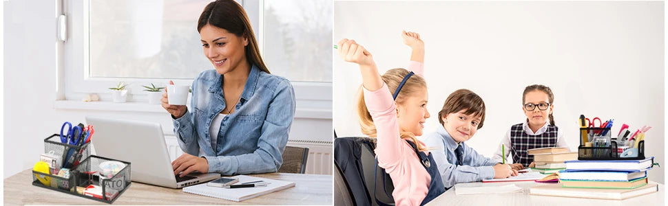 Organisateur de Bureau en Grille Métallique — 3 Compartiments avec Porte-stylo