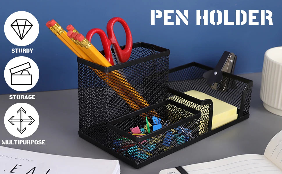 Organisateur de Bureau en Grille Métallique — 3 Compartiments avec Porte-stylo