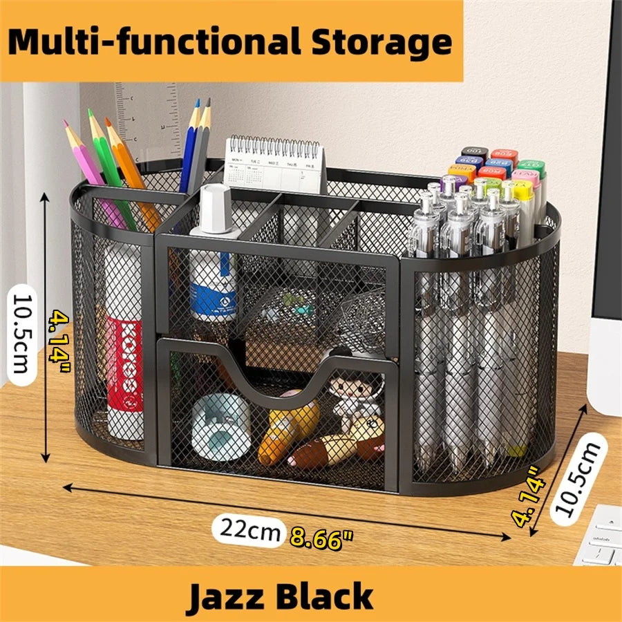 Organisateur de Bureau en Grille Métallique — 9 Compartiments avec Tiroirs et Porte-stylo