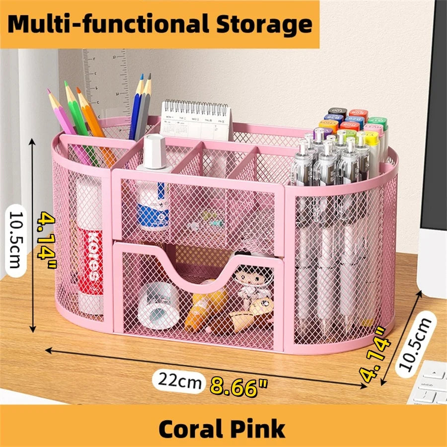 Organisateur de Bureau en Grille Métallique — 9 Compartiments avec Tiroirs et Porte-stylo