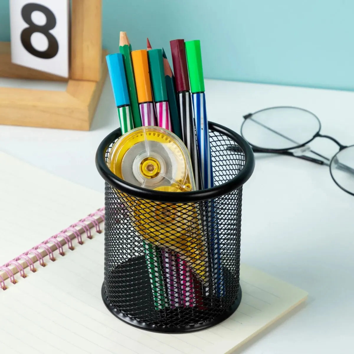 Porte-stylo en Métal Grille Carré — Pot à Crayons Solide pour Bureau