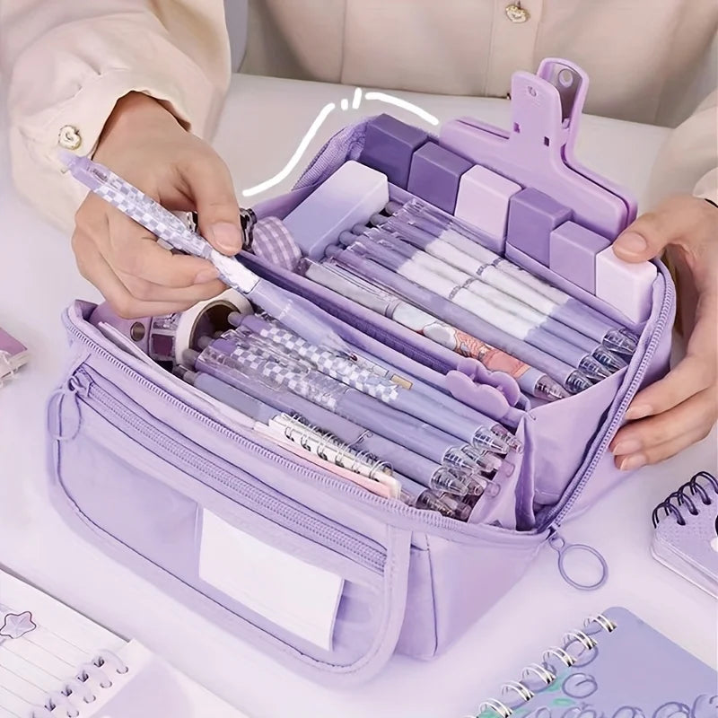Trousse Grande Capacité Multi-compartiments — Organisateur Bureau et École (Rose/Violet/Noir)