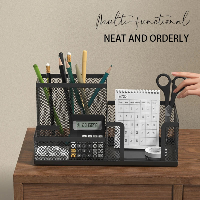 Organisateur de Bureau en Grille Métallique — 3 Compartiments avec Porte-stylo