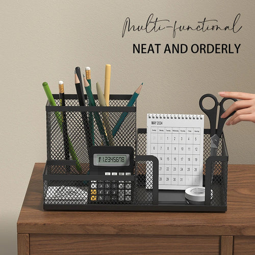 Organisateur de Bureau en Grille Métallique — 3 Compartiments avec Porte-stylo
