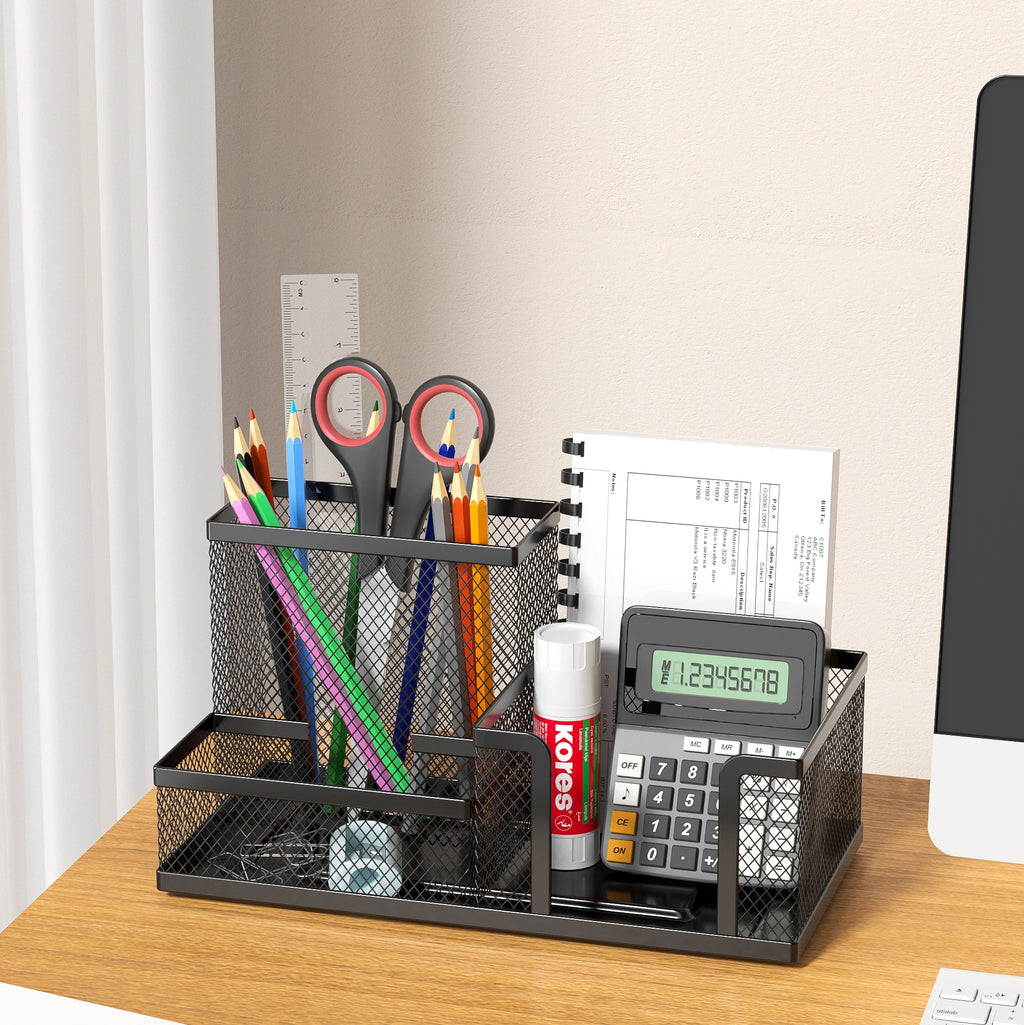 Organisateur de Bureau en Grille Métallique — 3 Compartiments avec Porte-stylo