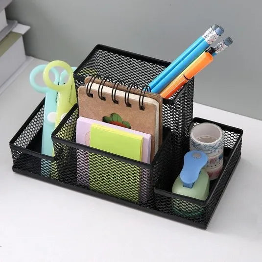 Organisateur de Bureau en Grille Métallique — 3 Compartiments avec Porte-stylo