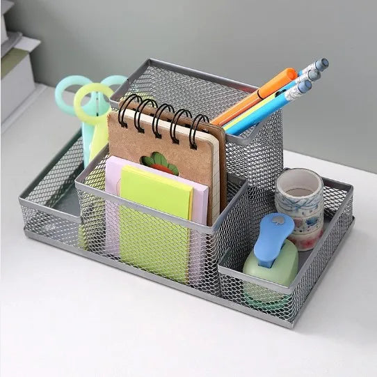 Organisateur de Bureau en Grille Métallique — 3 Compartiments avec Porte-stylo