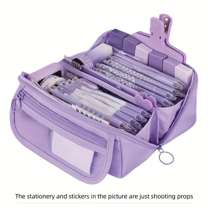 Trousse Grande Capacité Multi-compartiments — Organisateur Bureau et École (Rose/Violet/Noir)