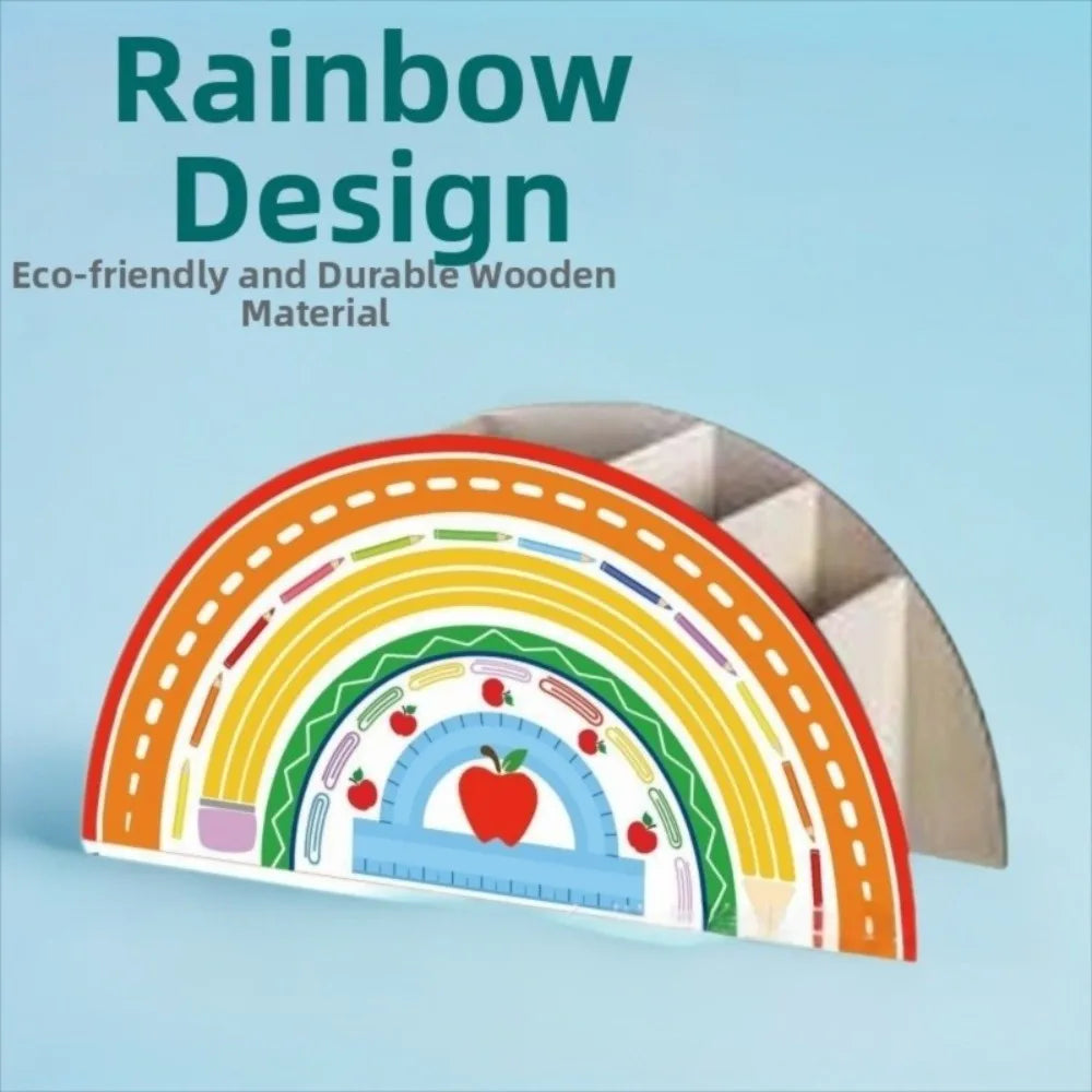 Porte-stylo Arc-en-ciel en Bois — 5 Fentes, Organisateur Pinceaux et Stylos Colorful