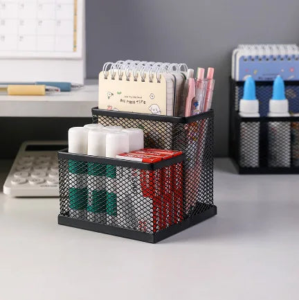 Organisateur de Bureau en Grille Métallique — 3 Compartiments avec Porte-stylo