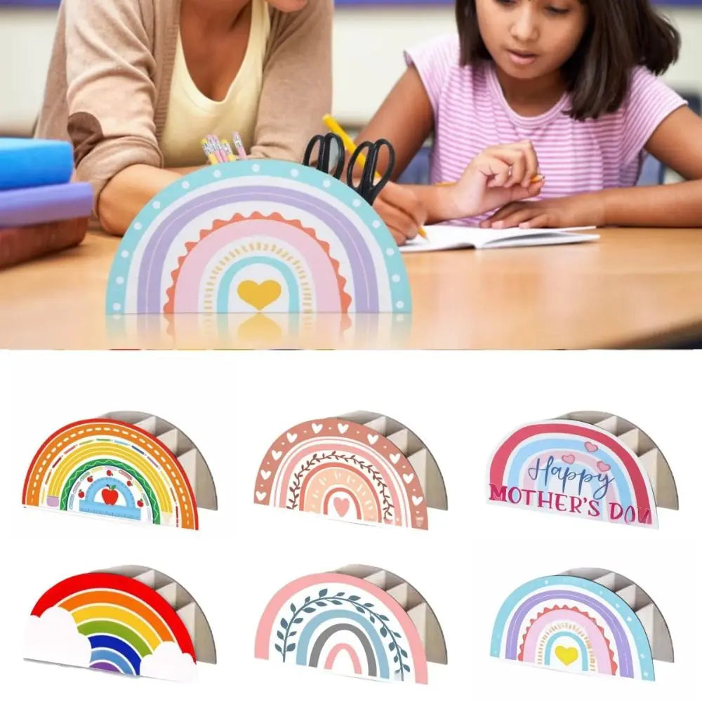 Porte-stylo Arc-en-ciel en Bois — 5 Fentes, Organisateur Pinceaux et Stylos Colorful
