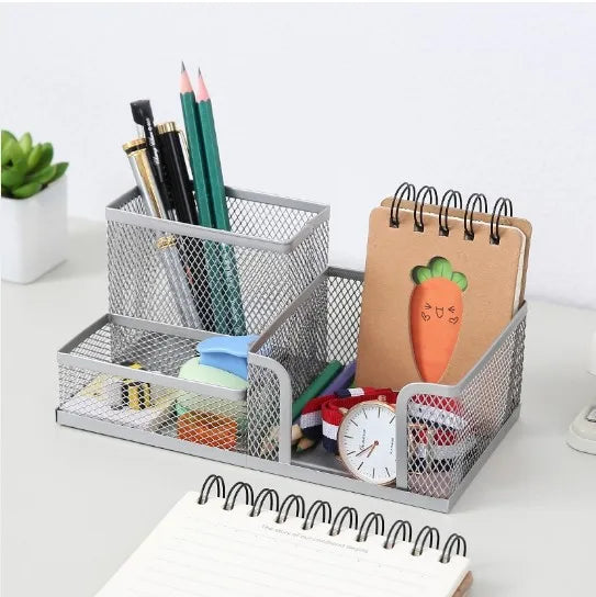 Organisateur de Bureau en Grille Métallique — 3 Compartiments avec Porte-stylo