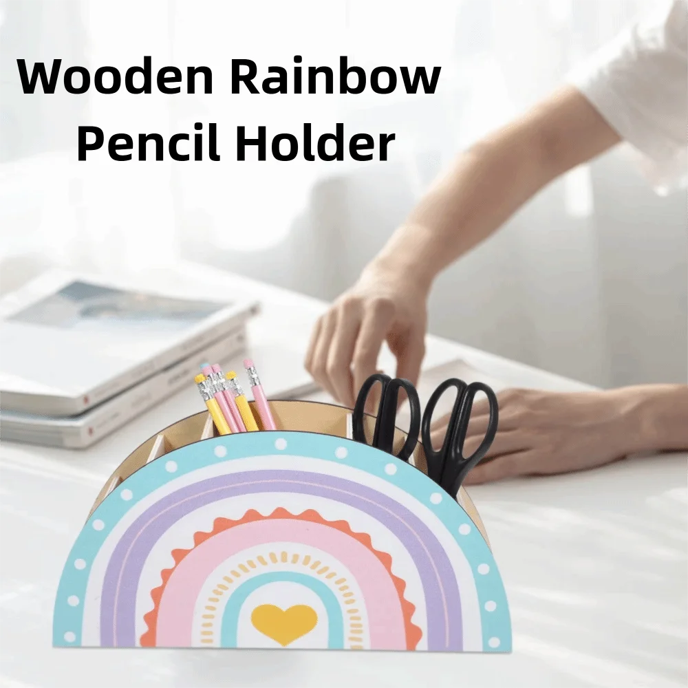 Porte-stylo Arc-en-ciel en Bois — 5 Fentes, Organisateur Pinceaux et Stylos Colorful