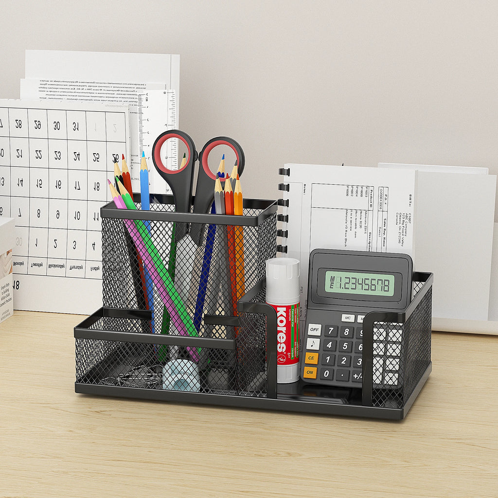 Organisateur de Bureau en Grille Métallique — 3 Compartiments avec Porte-stylo