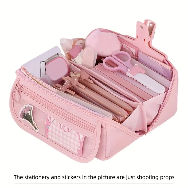 Trousse Grande Capacité Multi-compartiments — Organisateur Bureau et École (Rose/Violet/Noir)
