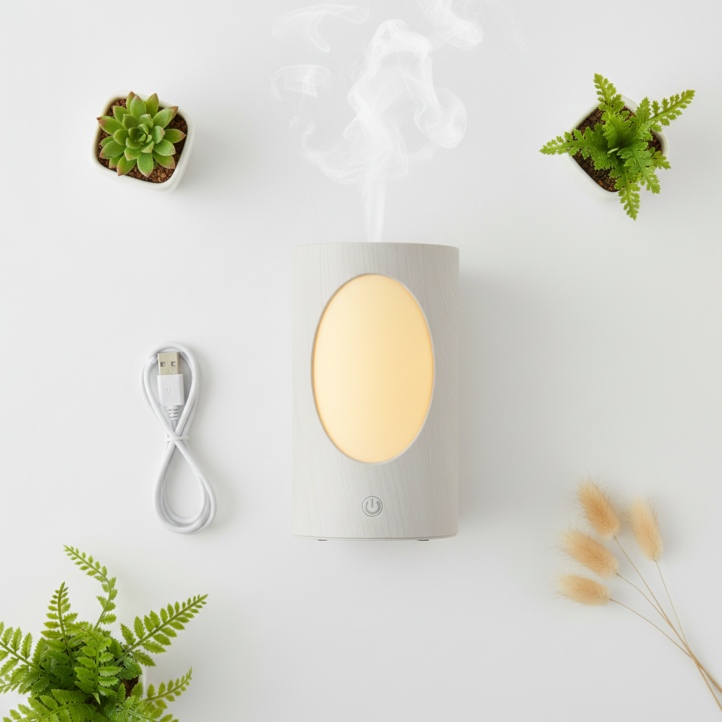 Humidificateur flat lay plantes