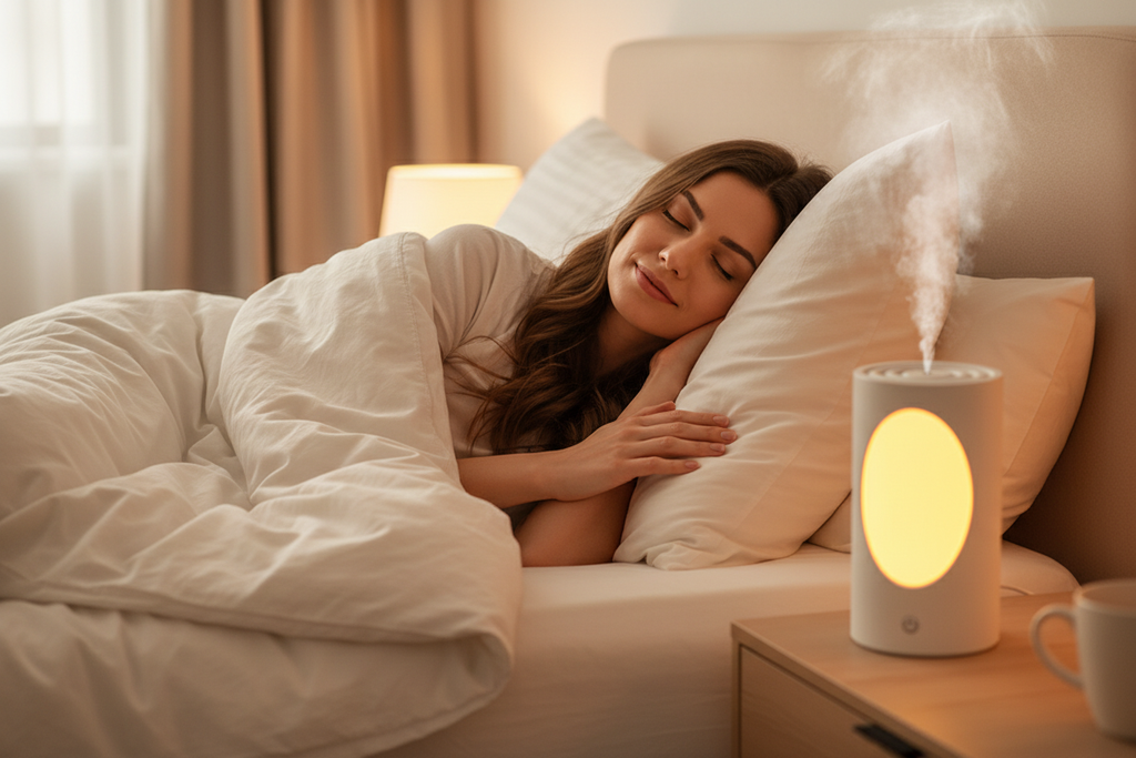 Femme relaxe humidificateur