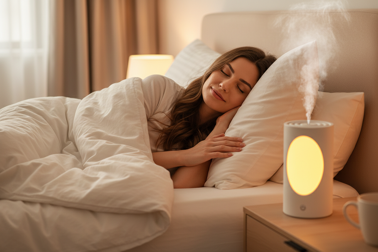 Femme relaxe humidificateur